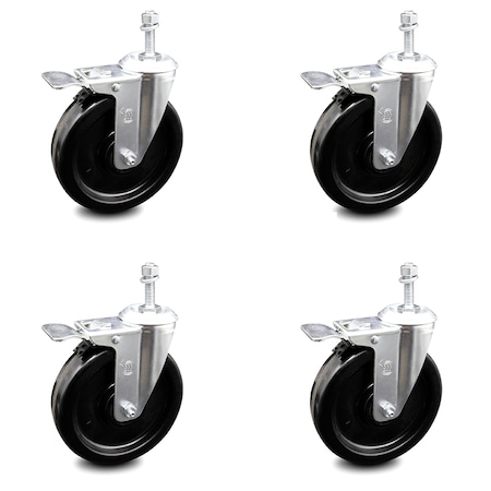 Service Caster 6 Inch Phenolic Swivel 3/8 Inch Threaded Stem Caster Set with Total Lock Brake SCC-TSTTL20S615-PHR-381615-4